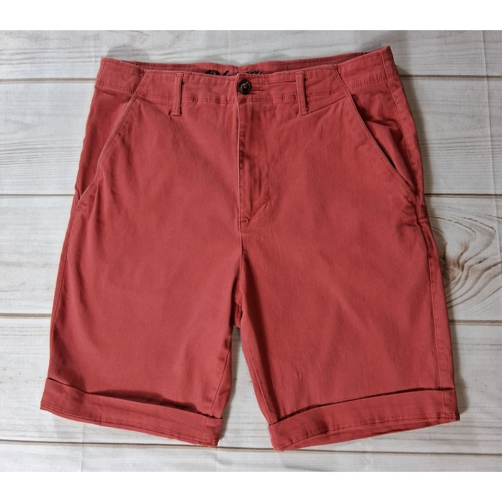 Plugg Mens Chino Shorts Size 31 Brick Red Cuffed Flat Front Stretch Casual